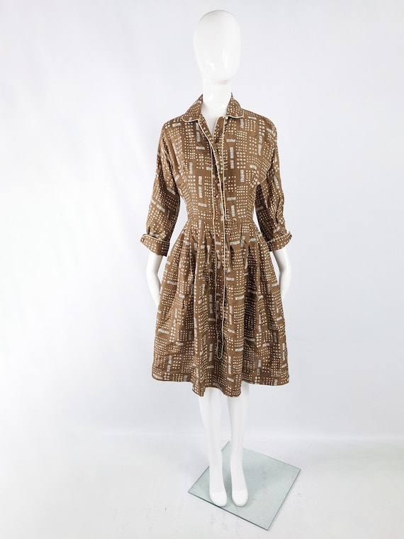 Vintage 1950s Dress Brown Silk Dress 50s Shirtdre… - image 2