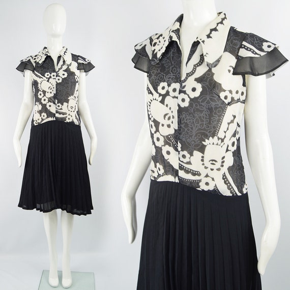 Vintage 70s Boho Dress Pleated Dress Black & White