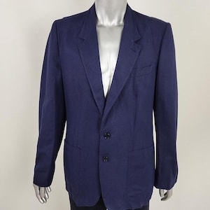 Vintage 80s Linen Cotton Blazer, Navy Blue Sport Coat, Made in Italy, Mens M