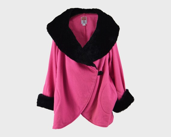 80s Cocoon Coat Pink Wool Coat Black Faux Fur Over