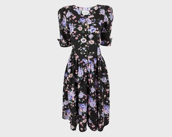 Robe vintage des années 80 et 40, robe de thé en coton noir, robe à fleurs rockabilly