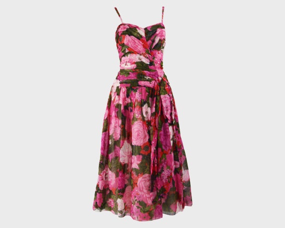 80s Does 50s Style Dress Sun Dress Pink Floral Gar
