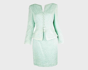 Vintage ESCADA COUTURE Mint Green Satin Jacquard Women 2 Piece Brocade Skirt Suit Womens Ensemble Mother of the Bride Party Outfit Skirt Set