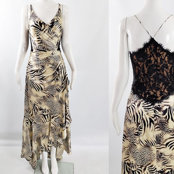 Vintage SAGAIE Paris Bias Cut Silk, Animal Print Evening Gown, y2k Maxi Dress, Black Lace Back, 00s 2000s Designer Dress Zebra Print