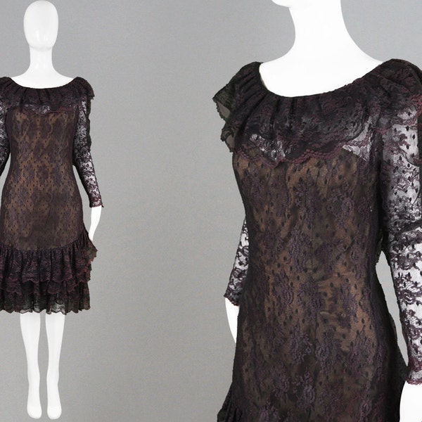 Vintage 80s VICTOR COSTA at Harvey Nichols Dark Purple & Black Lace Dress Chantilly Lace Frilly Neckline Ruffle Neck Semi Sheer Dress 1980s