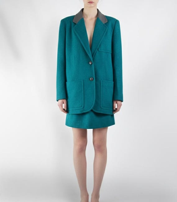 Vintage Pierre Balmain Wool Skirt Suit: 80s Teal Blazer, Leather Collar -  Etsy Israel