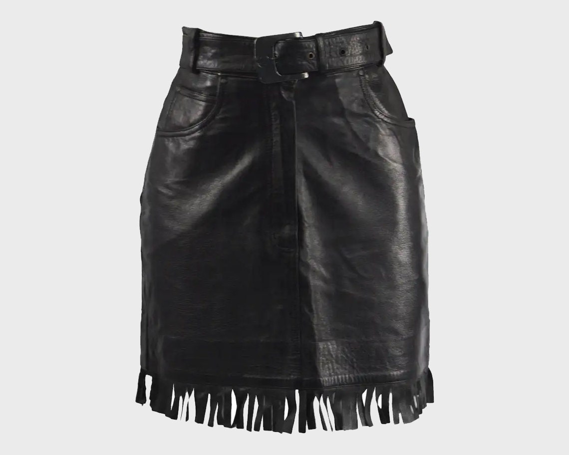 Image of Claude Montana Black Fringe S Leather Skirt, Womens Small S