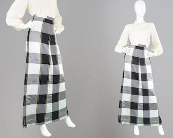 Falda larga vintage de los años 60, falda a cuadros en blanco y negro, falda de cintura alta, falda de noche glamurosa, falda a cuadros, rayas doradas, falda de cóctel hasta el suelo.