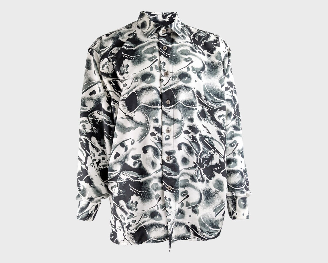 Image of Antonio Archini 80S Italian Designer Shirt Men Vintage Clothing Oversized Peach Skin Top Long Sleeve Bold Black & White Abstract Print