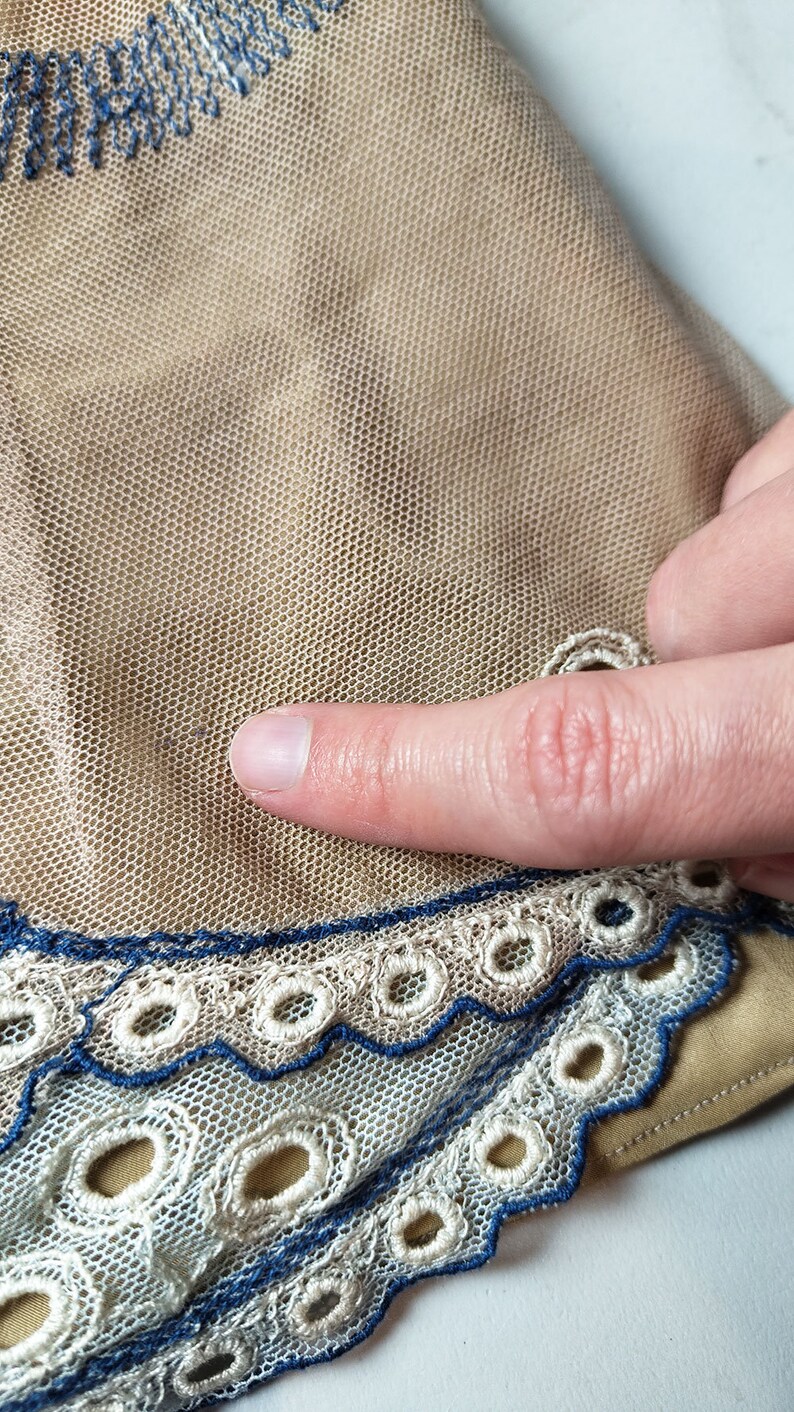 May include: Close-up of a beige mesh fabric with a white lace trim and a blue embroidered design. The fabric is soft and delicate, and the lace is intricate and beautiful.