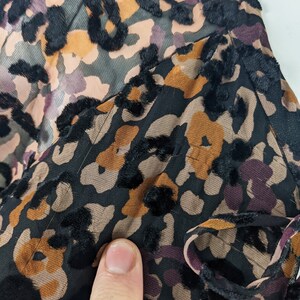May include: Close-up of a black fabric with a brown and orange leopard print. The fabric has a velvety texture.