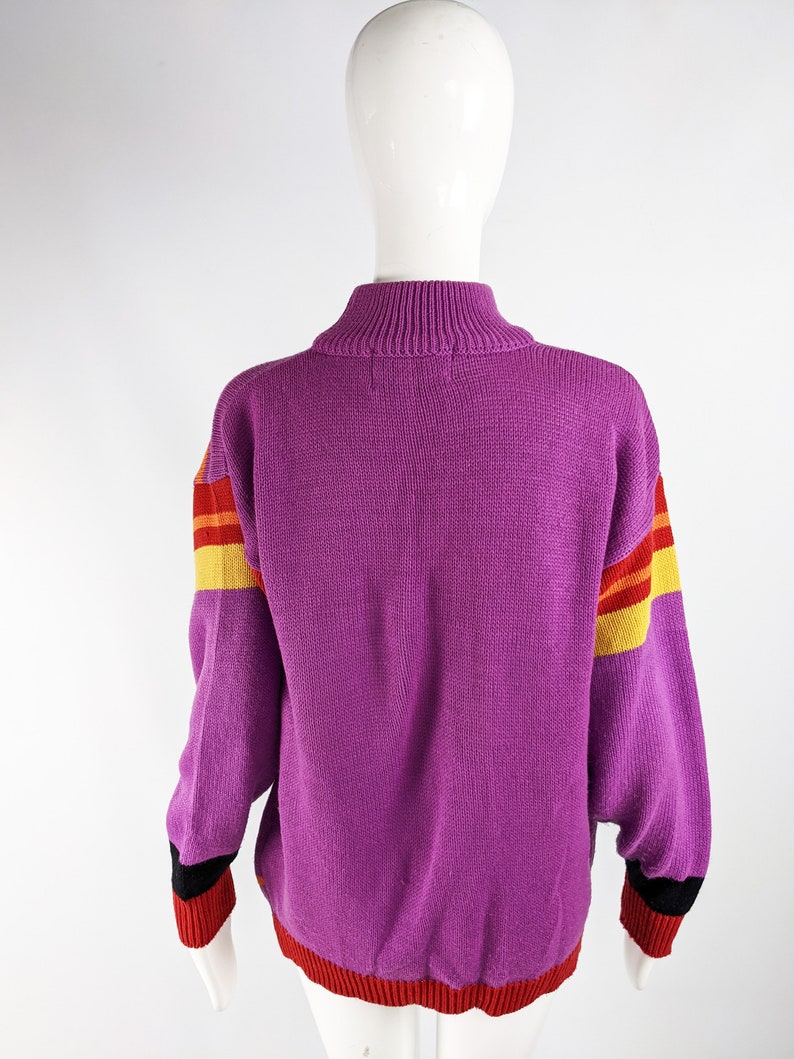 Vintage 80s Sweater Womens Jumper Purple Knit Top Long Sleeve 1980s Sweater New Wave Clothes Ladies Pullover Oversized Jumper Satin Applique image 9
