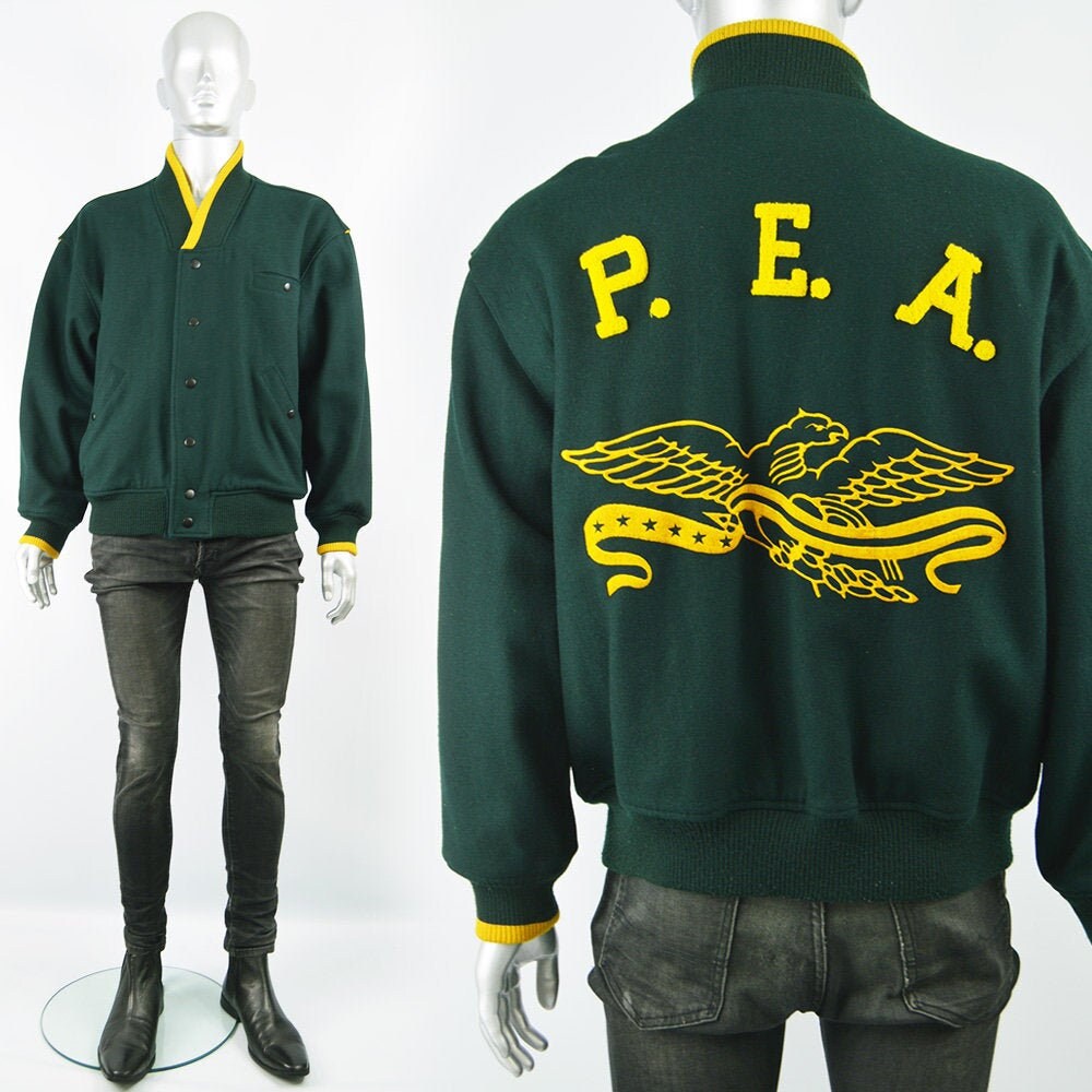 Image of Perry Ellis Letterman Jacket Vintage Baseball Green Wool