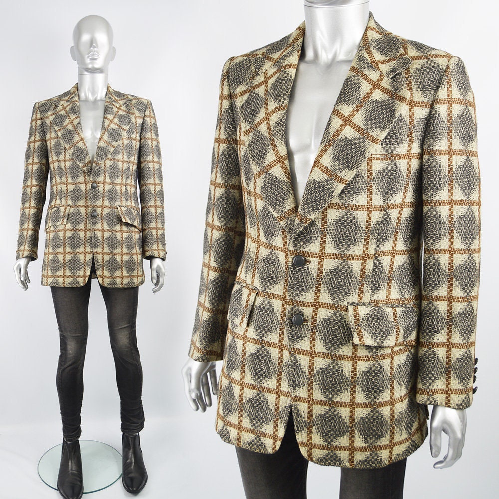 Image of Vintage 70S Oscar De La Renta Mens Plaid Jacket, Diamond Pattern, 1970S Clothing, Check Preppy Blazer, Wide Lapels, Gents Sport Coat Wool