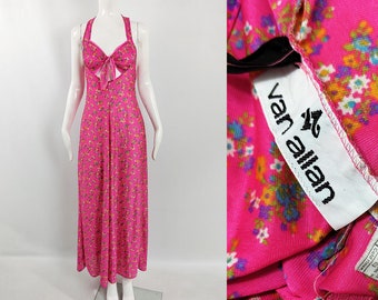 Vintage 70s Maxi Dress, Long Pink Dress, Cut Out Dress Sweetheart Neckline Halter Dress, Halterneck Dress, 1970s Floral Dress, Flowery Dress