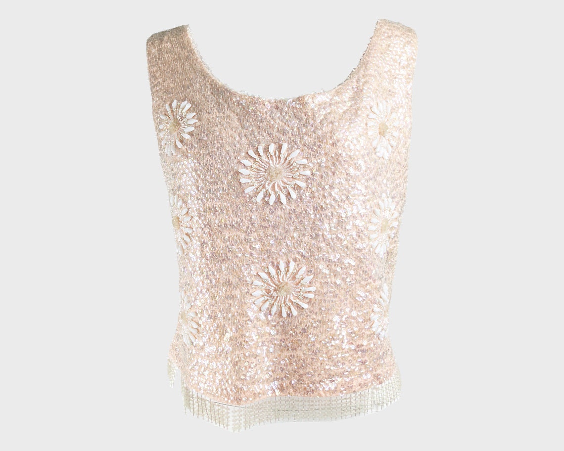 Image of Vintage S Sequin Top Sleeveless Sweater Wool Knit Beaded Bead Pastel Peach Fringed Vest S Evening