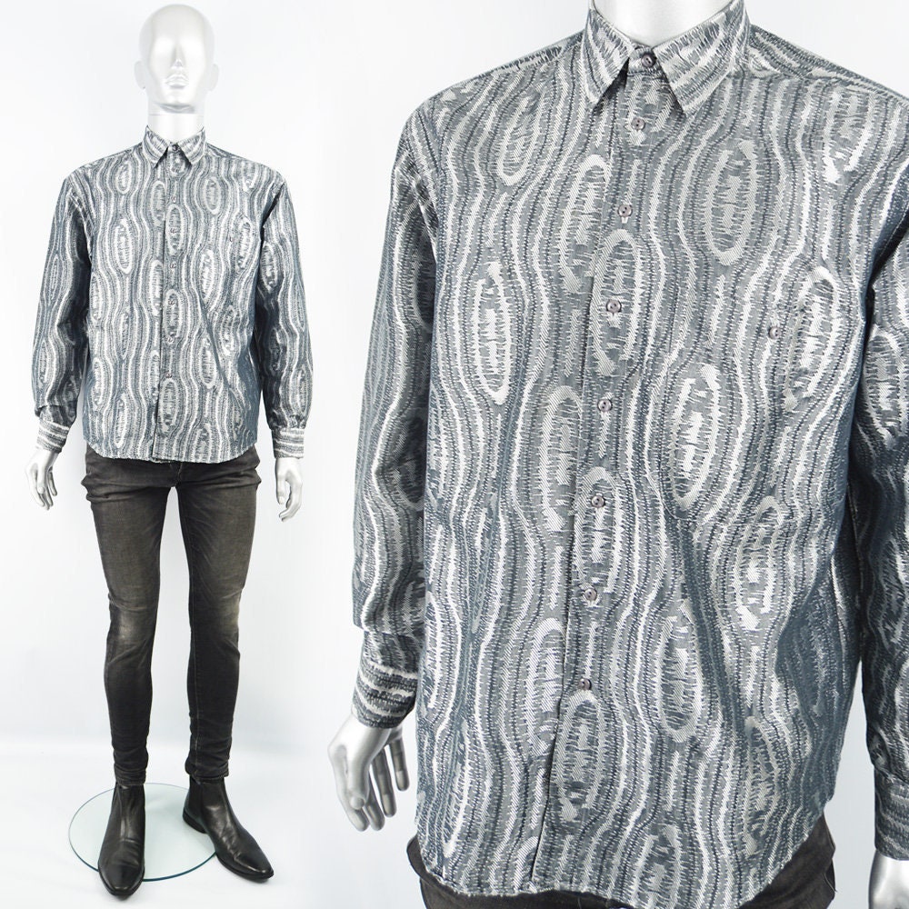 Image of 80S Party Shirt Men Silver Long Sleeve 1980S Metallic