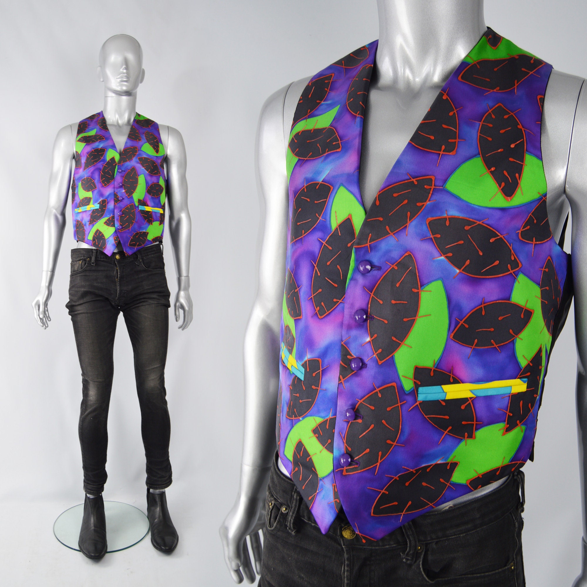 Image of 80S Handpainted Silk Waistcoat For Men Loud Print Purple & Green
