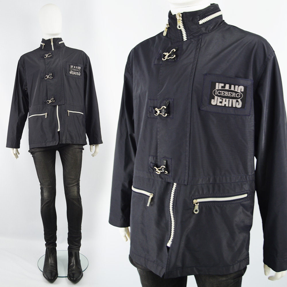 Image of Vintage 90S Iceberg Jacket Dark Navy Blue Mens Rain Coat Techwear Pvc Tech Wear Raincoat Medium To Large M L Designer