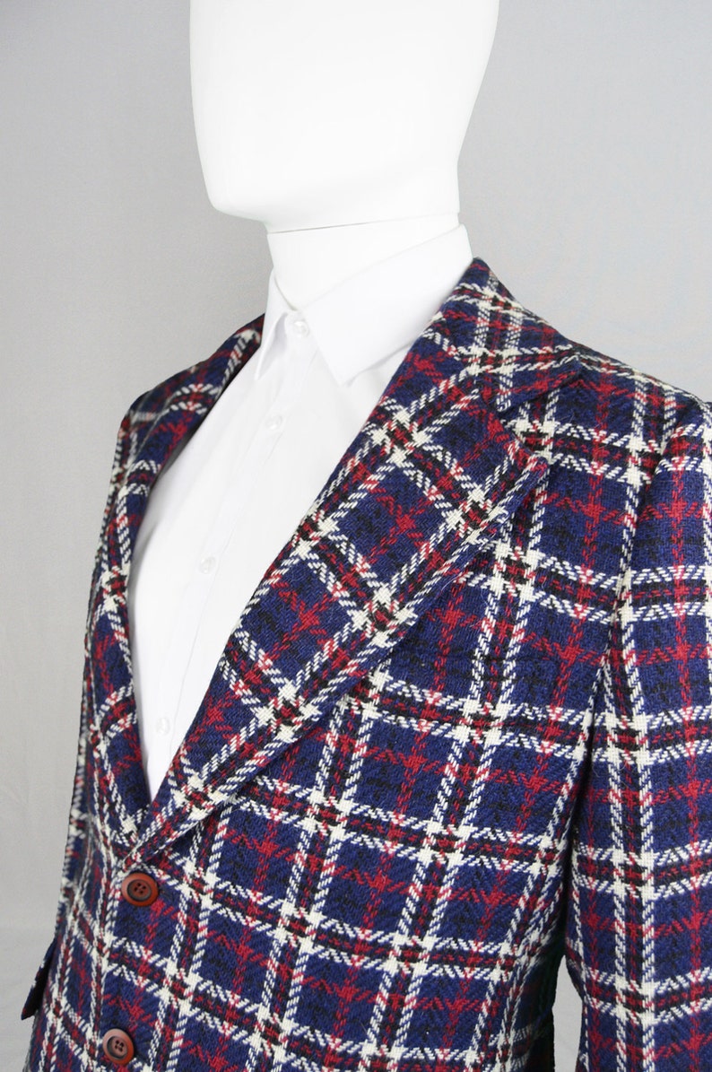 Vintage 60s 70s Checked Wool Blazer Mens Mod Blazer 1960s Sport Coat Plaid Jacket Tailored Carnaby Street Style Notched Lapels 1960s Blazer image 3