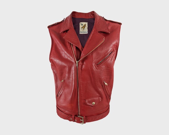Chevignon Jacket Vintage 1980s Leather Jacket Red Biker Vest Sleeveless Leather Jacket Men Punk Rocker Rock N Roll Designer Jacket | M L