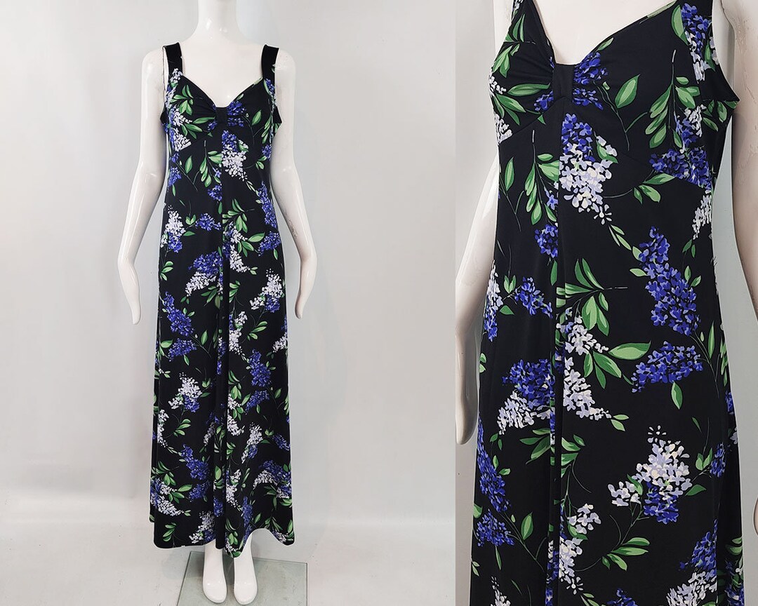 Vintage 70s Maxi Dress, 1970s Floral Dress, Black & Blue Floral Maxi ...