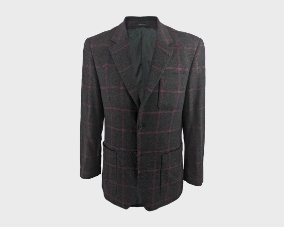 Byblos, BYBLOS Vintage Mens Grey Wool Blazer Pink Check Tweed Jacket Men Made in Italy Designer | Large L