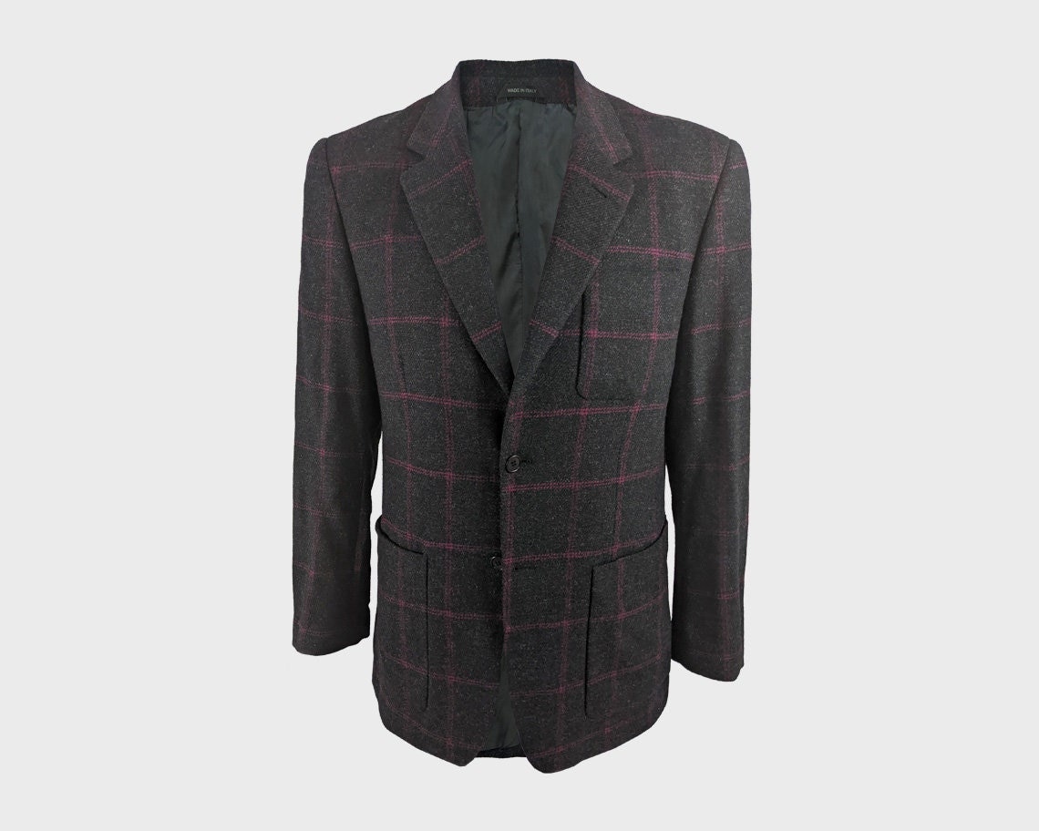 Byblos, BYBLOS Vintage Mens Grey Wool Blazer Pink Check Tweed Jacket Men Made in Italy Designer | Large L
