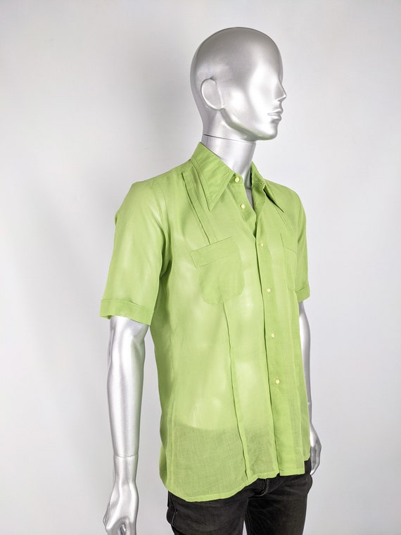 HARRODS 60s Mens Shirt Green Cotton Mens Sheer Sh… - image 5