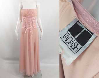 Vintage TADASHI Dress, Corset Dress, Pink Peach Maxi Dress, Long Mesh Dress, Wedding Reception, Satin Ribbon Trim, Full Length Evening Gown