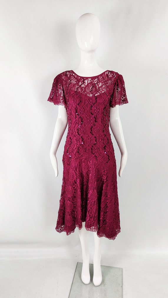 Vintage 80s Sequin Dress, Party Dress, Burgundy L… - image 2
