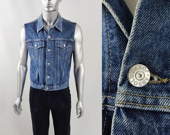 Vintage 80s 90s Mens Sleeveless Jean Jacket, Blue Denim Vest, Absolut Sleeveless Denim Jacket, 1980s 90s Grunge Waistcoat,