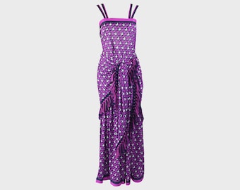 Vintage 70s Evening Dress TRICOSA PARIS Purple Maxi Dress Long Party Dress 2 Piece Outfit Fringed Scarf Flapper Dress Jersey Vacation Dress