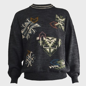 Vintage HARRODS Jumper Crew Neck Sweater, made in italy, mens knitwear, wool blend, british designer, preppy sweater, 80s tribal pattern | L