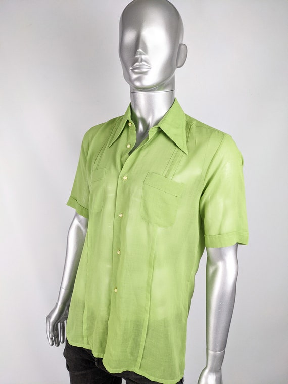 HARRODS 60s Mens Shirt Green Cotton Mens Sheer Sh… - image 3