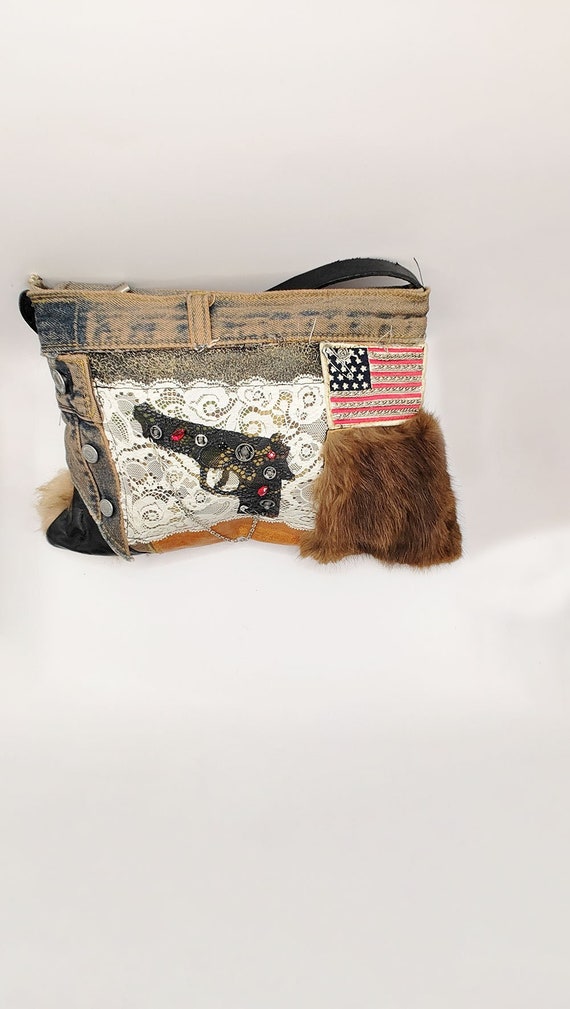 Vintage ARIDZA BROSS Y2k Denim Bag Beaded Gun Print Applique Real Fur Handbag Hippie Patchwork Bag 2000s Designer Jeans Purse Etsy Denmark
