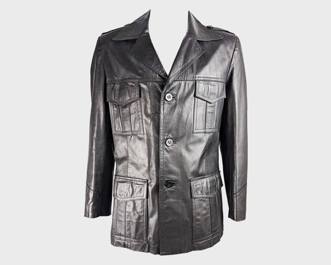 Image of 70S Leather Jacket Men Safari Black Norfolk Style L