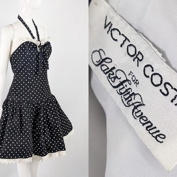 Vintage 80s Evening Dress VICTOR COSTA Dress, Saks Fifth Avenue 50s Style Black & White Polka Dot 1950s Style Rockabilly Frilly Party Dress