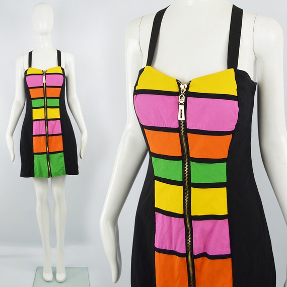 Vintage 80s 90s Party Dress Zip Front Dress Colorb