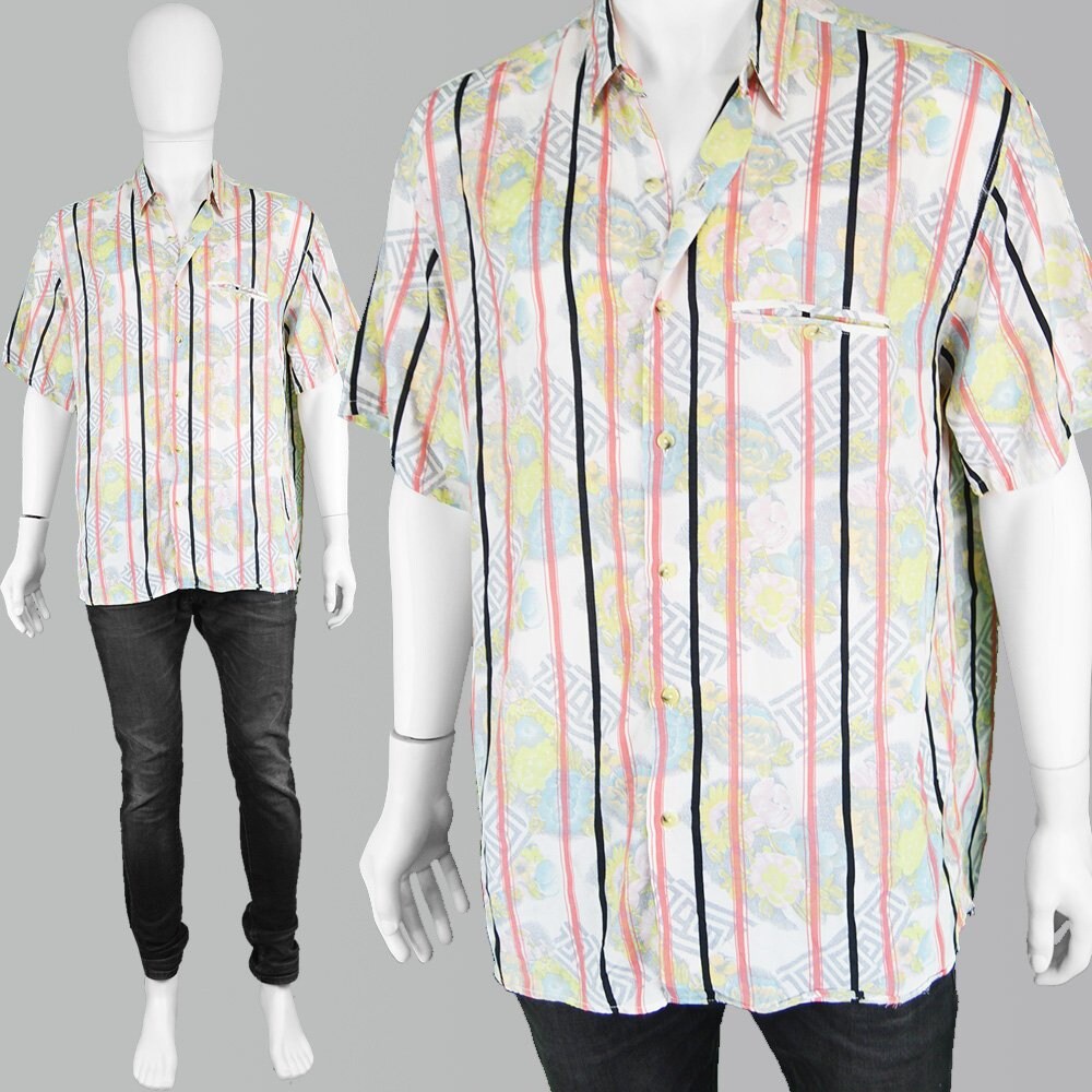 Image of Vintage 90S Hipster Shirt Men Rayon Tropical Hawaiian Striped Medium M Oversized Flowy Vacation
