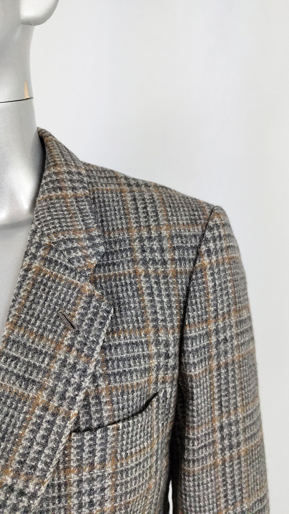 Vintage 70s Mod Jacket Men Grey Blazer Plaid Check Blazer Mens