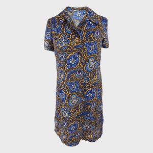 Vintage 70s Paisley Dress Cotton Shift Dress Blue & Yellow Mustard Dress 1970s Shift Dress