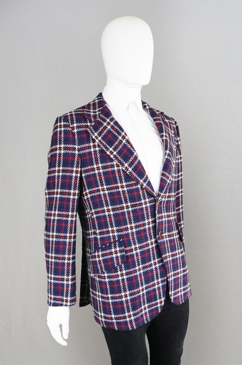 Vintage 60s 70s Checked Wool Blazer Mens Mod Blazer 1960s Sport Coat Plaid Jacket Tailored Carnaby Street Style Notched Lapels 1960s Blazer image 2