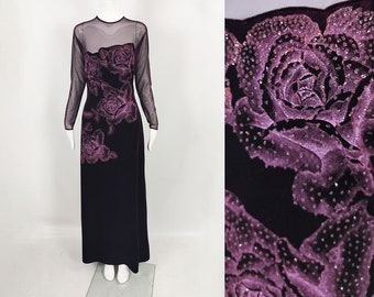 Vintage TADASHI Dress, Dark Wine Evening Gown, Designer Dress, Semi Sheer Mesh Dress, Red Purple Aubergine, Long Sleeve Dress, Tadashi Shoji