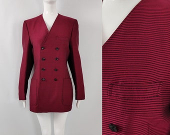 Vintage 80s Raspberry Red Blazer Jacket, Striped Jacket, Collarless Blazer, Double Breasted, 1980s Blazer, Avant Garde Clothing, Futuristic