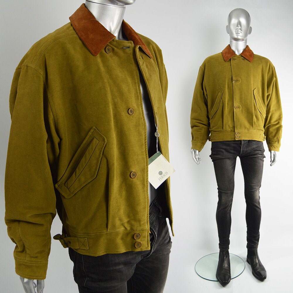 Image of 80S Louis Feraud Olive Yellow & Brown Suede Mens Bomber Jacket L