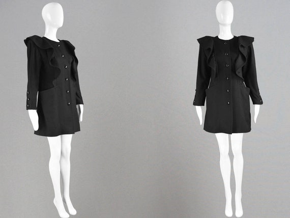 80s NINA RICCI Black Wool Coat Mini Length Ruffle… - image 1