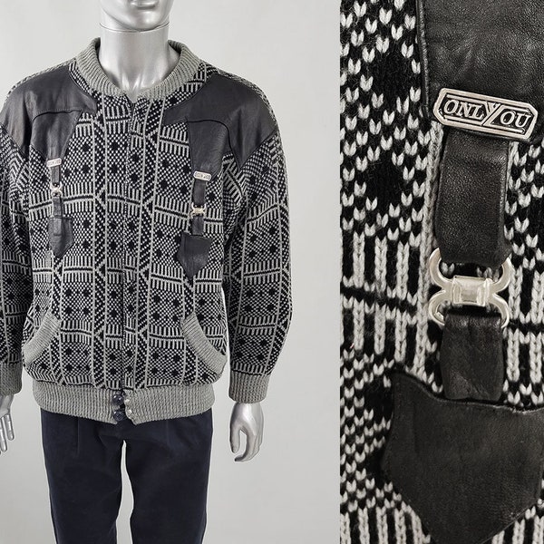 Vintage 80s Abstract Grey Knit & Black Leather Jacket, Strap Detail Punk Zip Front Cardigan, Fairisle Avant Garde Bomber Jacket for Men