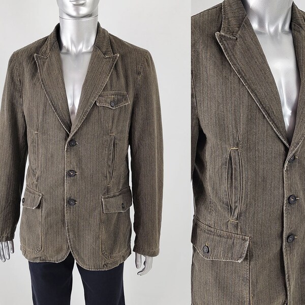 Vintage Mens Denim Jacket, Denim Blazer, y2k jacket, Striped Denim Jacket, Grey Green Jacket, Pinstripe Jacket, 2000s Grunge Jacket