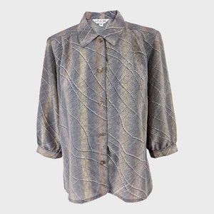 Bluzka Vintage 80s 90s Szara i brązowa bluzka sekretarka z półrękawem w kratkę